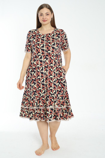 İntensive women's lace detailed print buttoned plus size short-sleeved dress