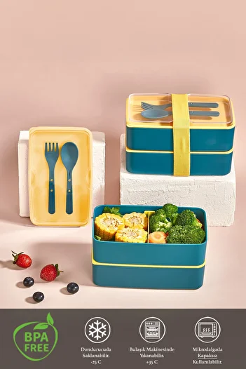 Meleni Home 2-Layer Adjustable Rectangular Lunch Box - Food Storage Box with Fork and Spoon Serving Green