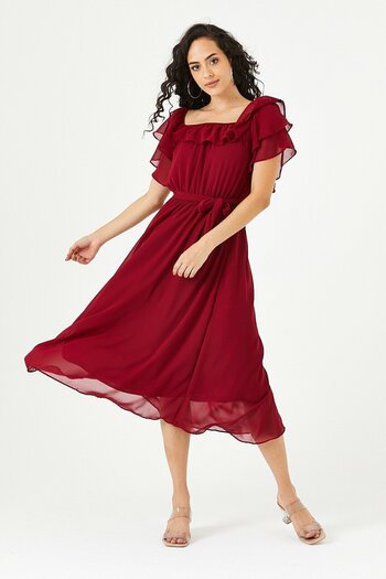zks grup tekstil Φόρεμα σιφόν μπορντό Flounce Madonna Collar Plus Size