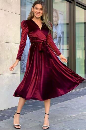 zks grup tekstil Burgundy Watermelon Sleeve Double Breasted Velvet Belted Plus Size Dress