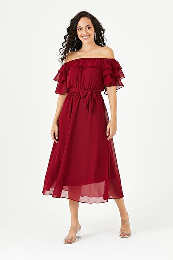 zks grup tekstil Φόρεμα σιφόν μπορντό Flounce Madonna Collar Plus Size