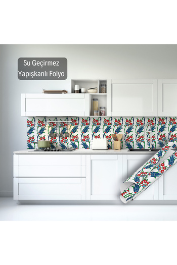 Dekoros Lacivert Lale Motifli Yapışkanlı Folyo Çini Desenli Su Geçirmez Mutfak Banyo Sticker Kaplama 0710