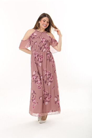 XL Modam Women's Lycra Chiffon Dried Rose Digital Printed Dress