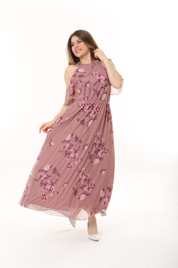 XL Modam Women's Lycra Chiffon Dried Rose Digital Printed Dress