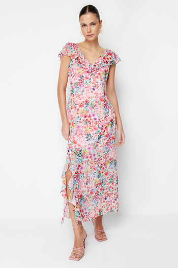 Trendyol Collection Rochie maxi țesută cu căptușeală din șifon cu volan floral roz TWOSS24EL00149