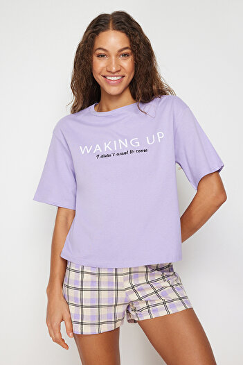 Trendyol Collection lila Slogan Slogan Printed 100% Bavlna Pletené pyžamo Set - THMSS24PT00021