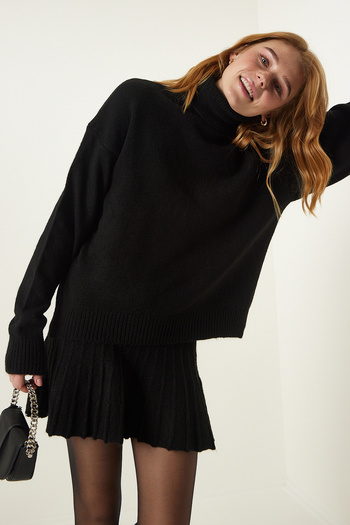 Happiness İstanbul Women's Black Turtleneck Sweater Skirt Knitwear Suit YY00195