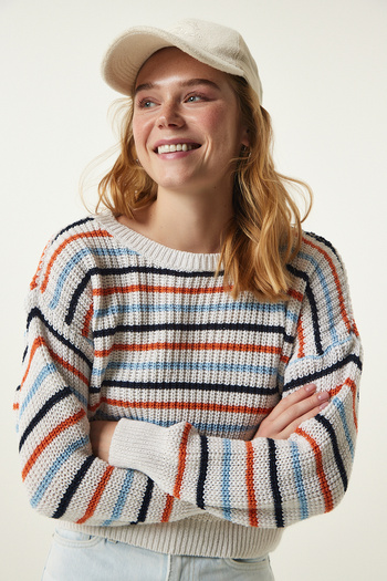Happiness İstanbul Damski sweter sezonowy w kremowe paski MW00137