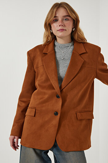 Happiness İstanbul Women's Tan Premium Suede Blazer Jacket FN03167