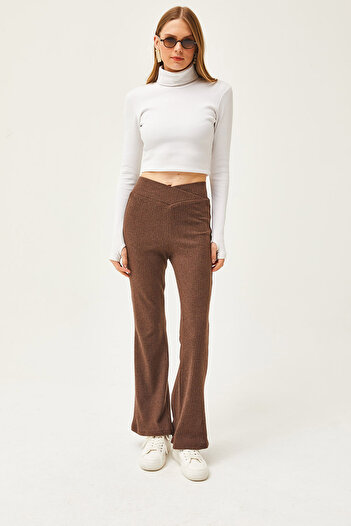 Olalook Women's Bitter Brown Cross Band Detailed Raised Spanish Tights TYT-19000084