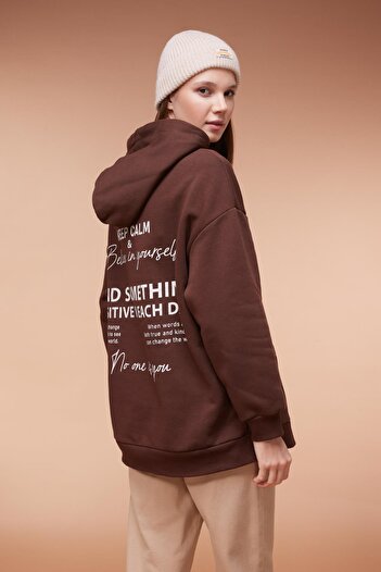 DeFacto Relax Fit Hooded Printed Soft Furry Sweatshirt Tunic