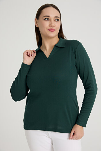 BANEGA Curve Plus Size Cotton Lycra V-Neck Basic Plain Petrol Green Blouse