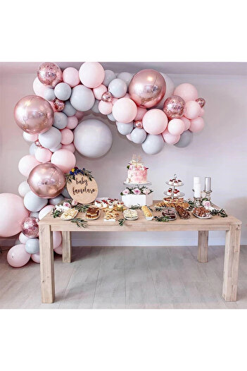Çemrek Süs Parti Chrome rose macaron pink and gray balloon chain set 105 pieces of balloons and chain