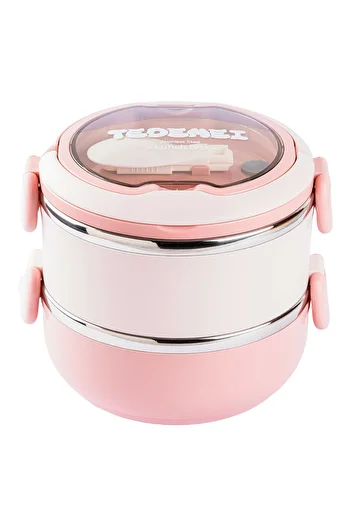 Tantitoni 024-01-TEDEMEI PINK STAINLESS STEEL ROUND 2-LAYER FOOD CARRIAGE BOWL WITH FORK AND SPOON 850ML