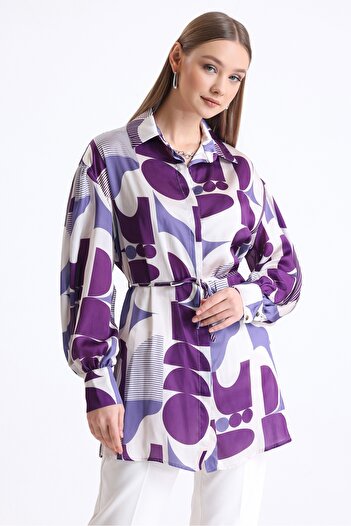 MD trend Women's Geometric Patterned Belted Oversize Satin Tunic with Balloon Sleeves