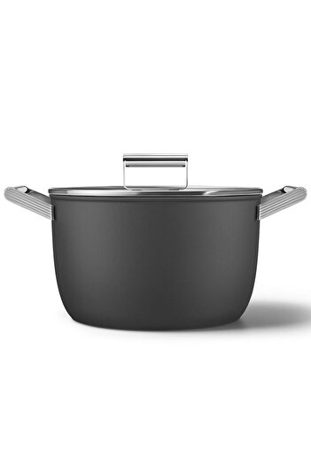 SMEG Cookware 50's Style Siyah Cam Kapaklı 26 Cm Tencere