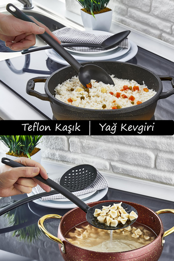 Sekiz8 Set of 2 Teflon Oil Colanders and Spoons, Fireproof, Non-Stick, Practical Kitchen Serving Set