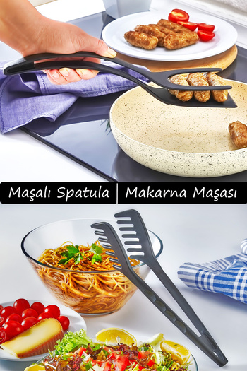 Sekiz8 Set of 2 Teflon Pasta Tongs and Spatula with Tongs, Fireproof, Non-Stick Practical Kitchen Serving Set