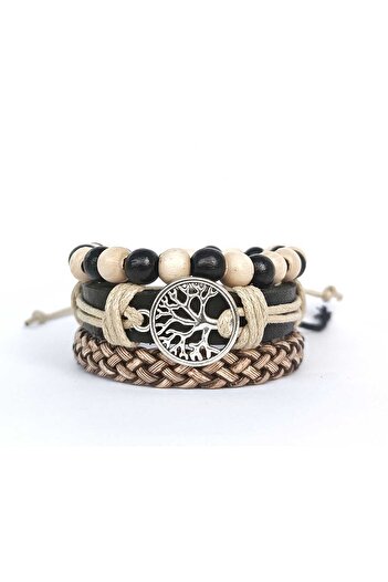 BSN Store 3-Piece Black Beige Natural Wooden Bead Handmade Leather Bracelet with Tree of Life Figures
