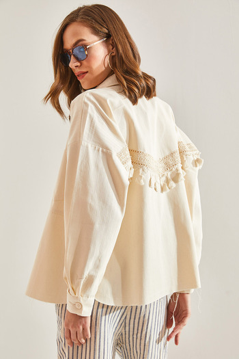 Bianco Lucci Women's Single Pocket Back Embroidered Tassel Jacket