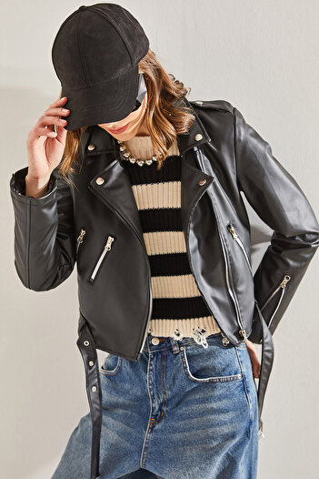 Bianco Lucci Women's Epaulet Leather Jacket with Zippered Sleeves and Belt