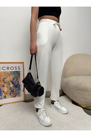 schlank Γυναικείο λευκό παντελόνι Jogger με ελαστικό ψηλόμεσο