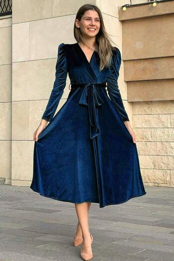 zks grup tekstil Petrol Blue Watermelon Sleeve Double Breasted Velvet Belted Plus Size Dress