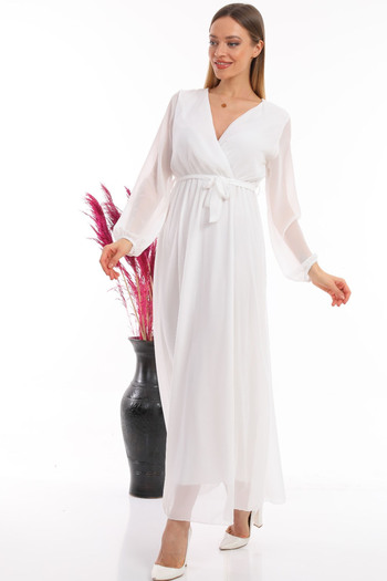zks grup tekstil White Double-breasted Collar Belted Plus Size Chiffon Dress