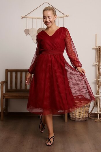 zks grup tekstil Claret Red Polka Dot V-Neck Tulle Plus Size Dress