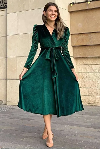 zks grup tekstil Green Watermelon Sleeve Double Breasted Velvet Belted Plus Size Dress
