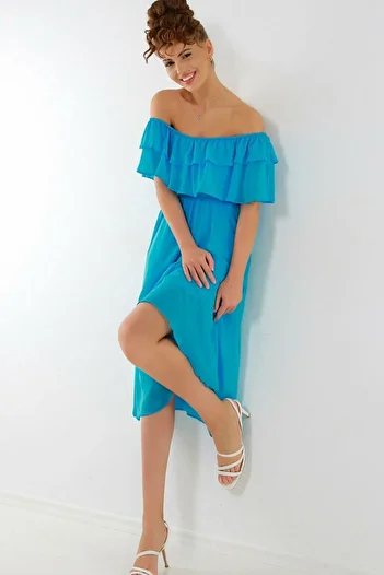zks grup tekstil Women's Turquoise Madonna Ruffle Collar Chiffon Dress