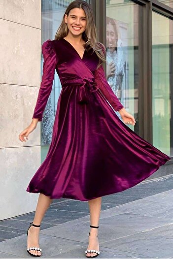 zks grup tekstil Plum Watermelon Sleeve Double Breasted Velvet Belted Plus Size Dress