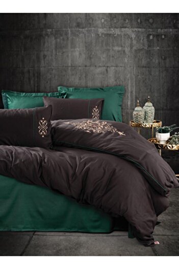Cotton Box Embroidered Double Satin Duvet Cover Set Tiana Green