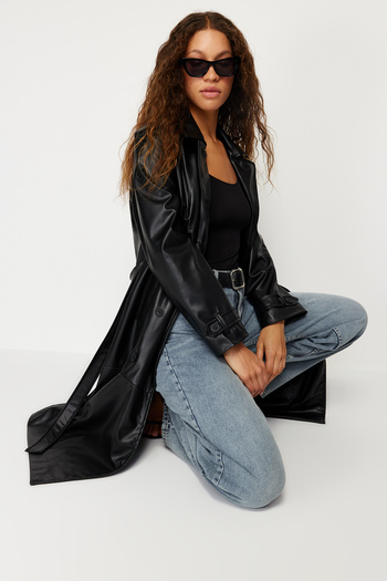 Trendyol Collection Black Belted Faux Leather Trench Coat TWOSS24TR00001