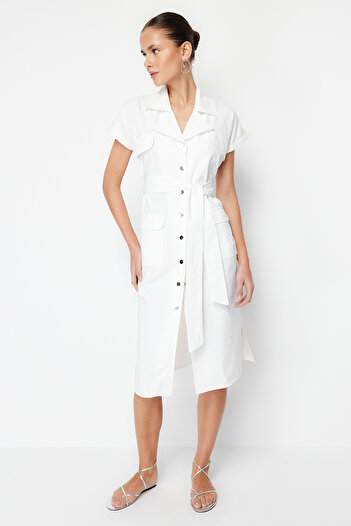Trendyol Collection Ecru Belted Wide Fit Gabardine Midi Shirt Dress TWOSS24EL00227