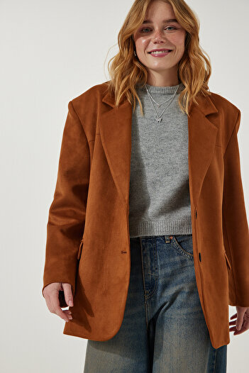 Happiness İstanbul Women's Tan Premium Suede Blazer Jacket FN03167