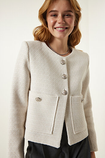 Happiness İstanbul Women's Cream Wide Pocket Stylish Woven Jacket OH00055