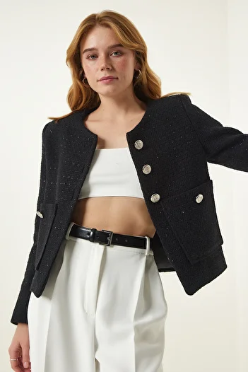 Happiness İstanbul Women's Black Wide Pocket Stylish Woven Jacket OH00055