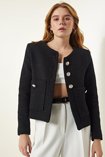 Happiness İstanbul Women's Black Wide Pocket Stylish Woven Jacket OH00055