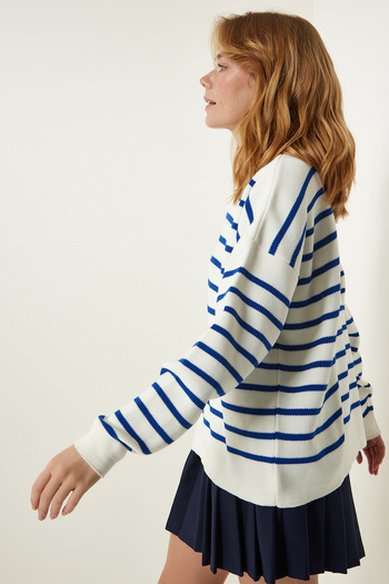 Happiness İstanbul Pulover de damă, Blue Bone, cu gât polo, tricotat, US00293