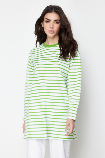 Trendyol Modest Pistachio Green Striped Knitted Tunic TCTAW22UK0240