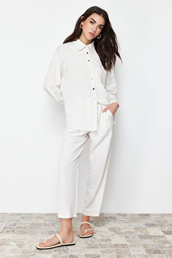 Trendyol Modest Beige Linen Look Shirt Trousers Woven Bottom Top Set TCTSS24US00022