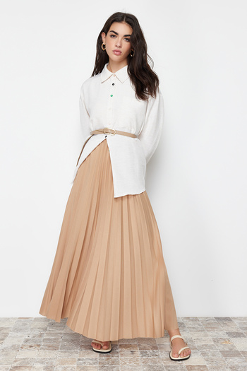 Trendyol Modest Μπεζ πλεκτή πλισέ μακριά φούστα - TCTSS24EE00005