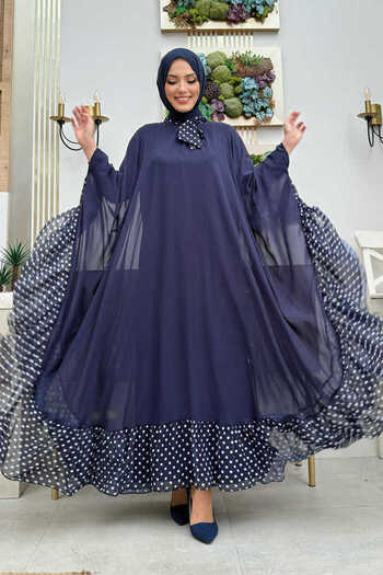 Bym Fashion Navy Blue Chiffon Cape Dress Set - Spotted Collar Detail, Model 3643