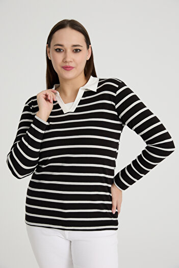 BANEGA Plus Size Cotton Lycra V-Neck Basic Black and White Blouse
