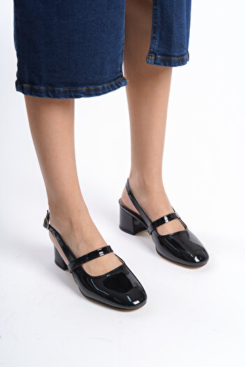 en7 Black Patent Leather Women's Open Back Belt Buckle Detailed Comfortable 5 cm Classic Heeled Shoes DRK020