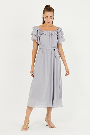 Elbise Delisi Gray Flounced Madonna Collar Plus Size Chiffon Dress