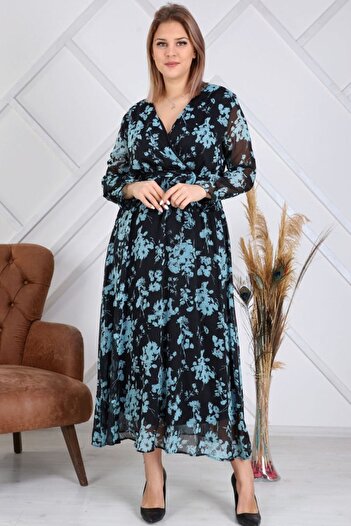 Elbise Delisi Women's Turquoise Leaf Detailed Double-breasted Belted Dress