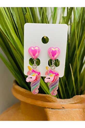 1PARÇAMAVİ Studded Heart Long Unicorn Children's Earrings - Perforated Earrings
