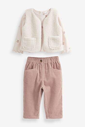 Next Baby Cotton Ecru Corduroy Pants Borg Plush Jacket Body 3-Piece Top and Bottom Set